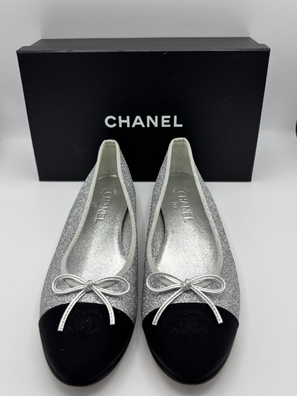 CHANEL Glitter Cap-Toe Ballet Flats